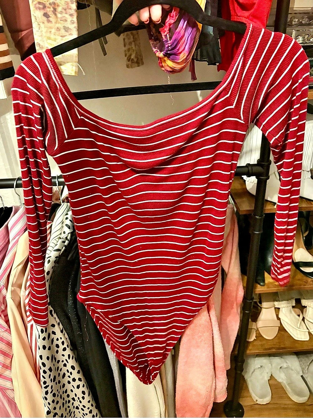 Forever 21 Striped Long Sleeve Bodysuit in Red & White Size Medium